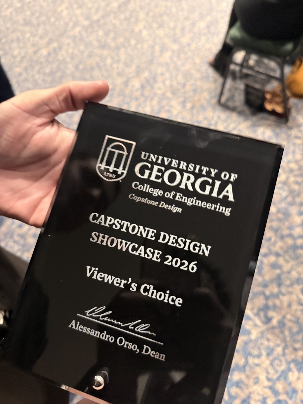The 2026 UGA Capstone Design Showcase Viewer's Choice award plaque.