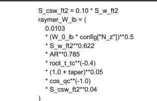 The Raymer wing-weight equation as implemented in the optimizer code.
