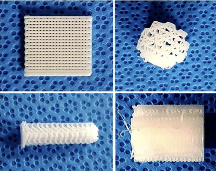 Four 3D-printed medical scaffold geometries.